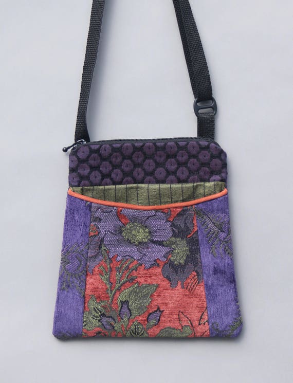 Rust Lavender Adjustable Purse in Orange and Purple Floral Jacquard Upholstery Fabric