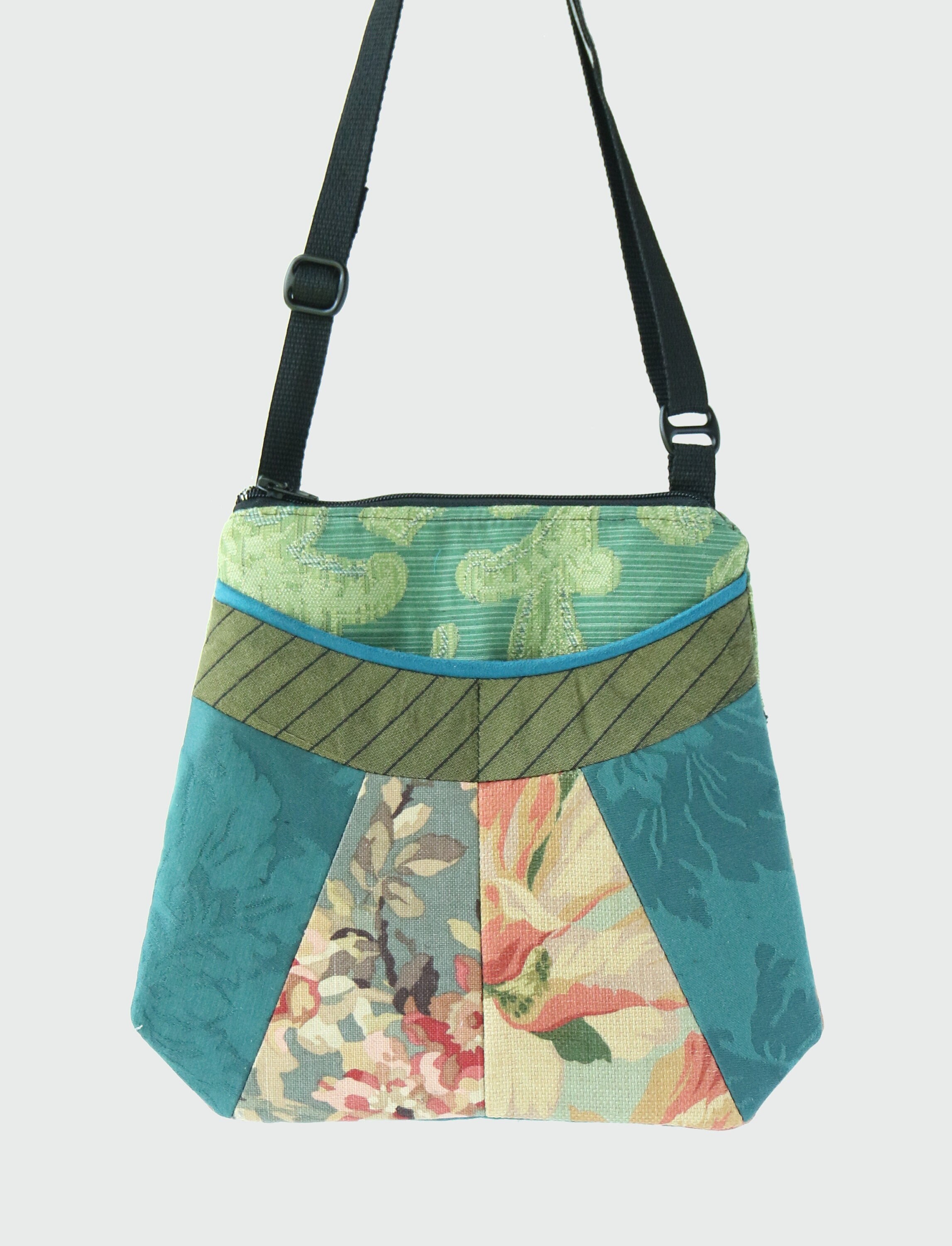 Teal Peony Medium Tapestry Adjustable Alyssa Purse in Teal and Pink Floral and Stripe Upholstery Fabric