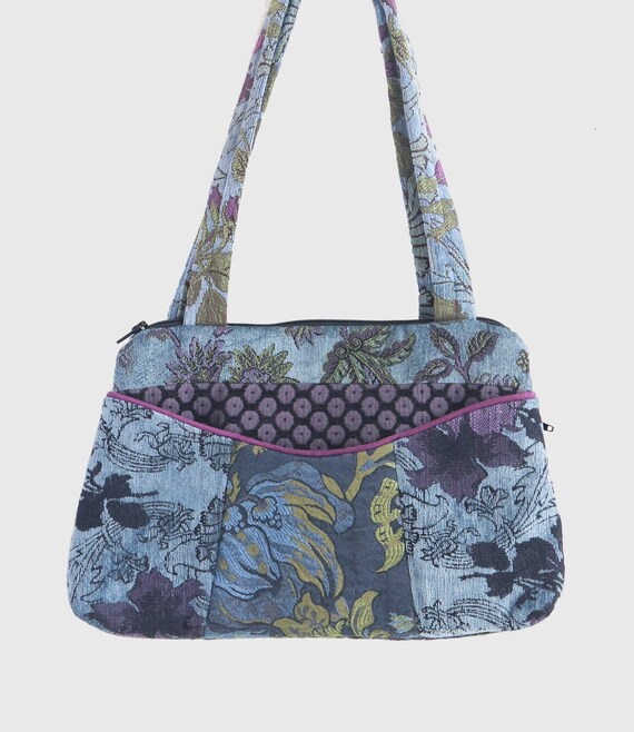 Medium Nancie Purse in Navy and Mineral Jacquard Upholstery Fabric- One of a Kind!