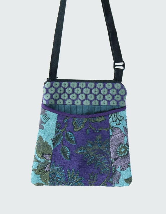 Adjustable Purse in Aqua and Concord Floral Jacquard Upholstery Fabric- One of a Kind!