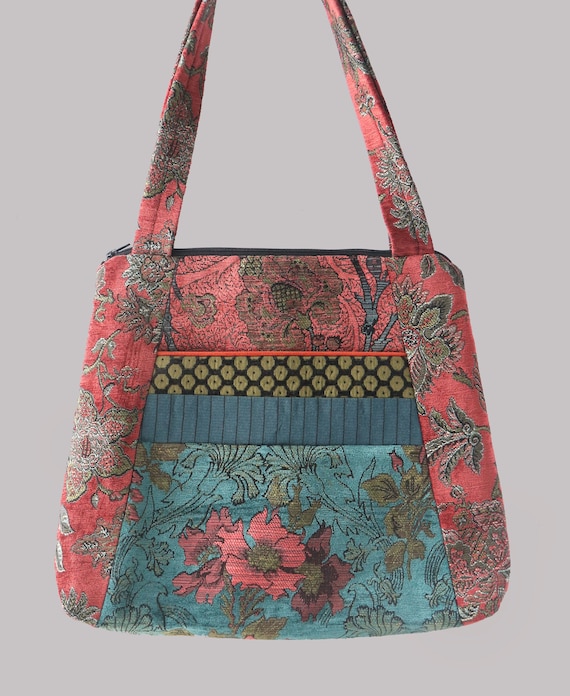Zinnia Tapestry Tote Bag in Salmon and Teal Floral Upholstery Fabric Large