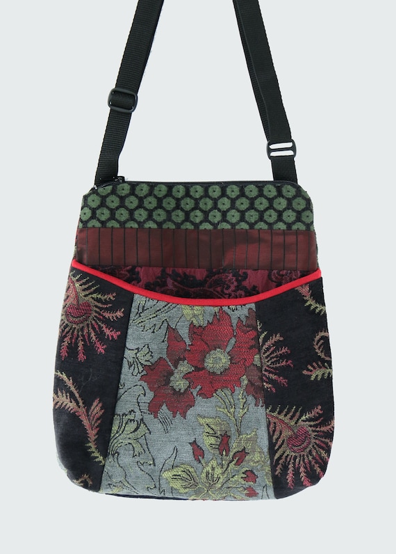 Slate Tapestry Adjustable Bag in Black, Gray and Red Floral Jacquard Upholstery Fabric Large