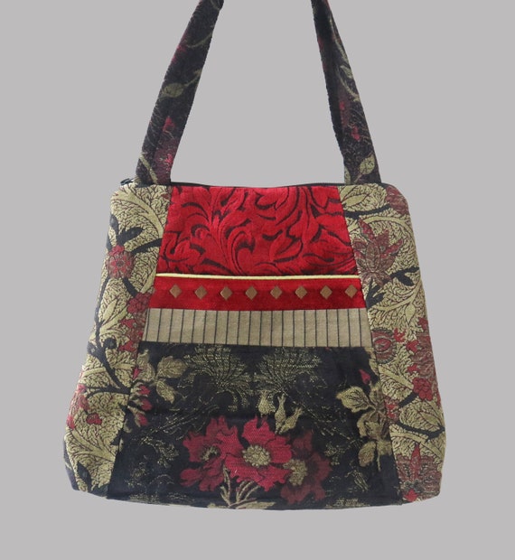 Flora Tapestry Tote Bag in Red, Black, and Sage Floral Jacquard Upholstery Fabric Large