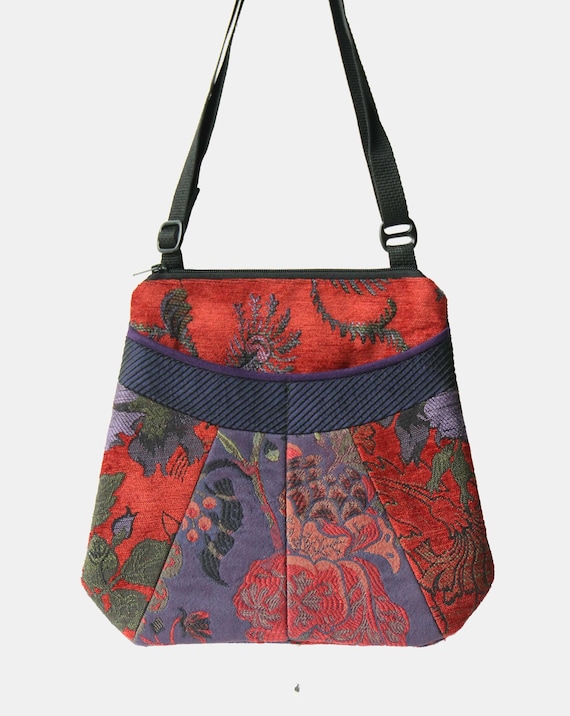 Medium Tapestry Adjustable Alyssa Purse in Plum and Paprika Floral Upholstery Fabric- One of a Kind!