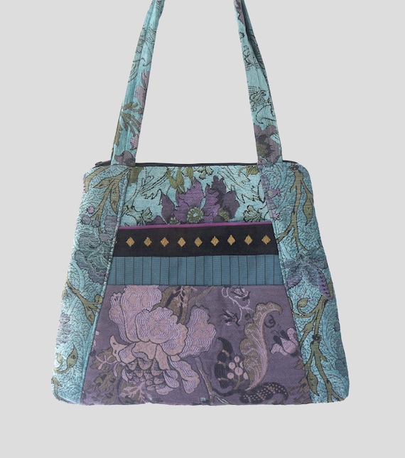 Lavender Tapestry Tote Bag in Purple and Aqua Floral Jacquard Upholstery Fabric Large
