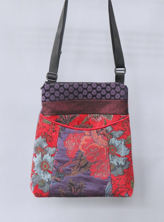 Poppy Tapestry Adjustable Bag in Red and Purple Floral Jacquard Upholstery Fabric