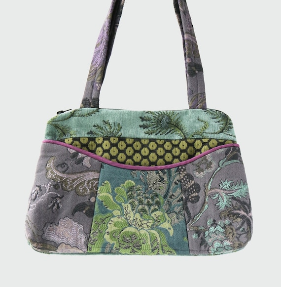 Lavender Medium Nancie Purse in Purple and Aqua Floral Jacquard Upholstery Fabric