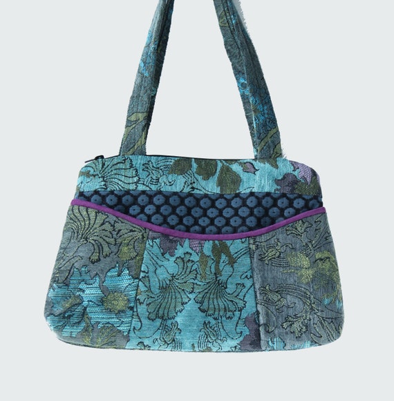 Medium Nancie Purse in Aqua and Pewter Jacquard Upholstery Fabric- One of a Kind!