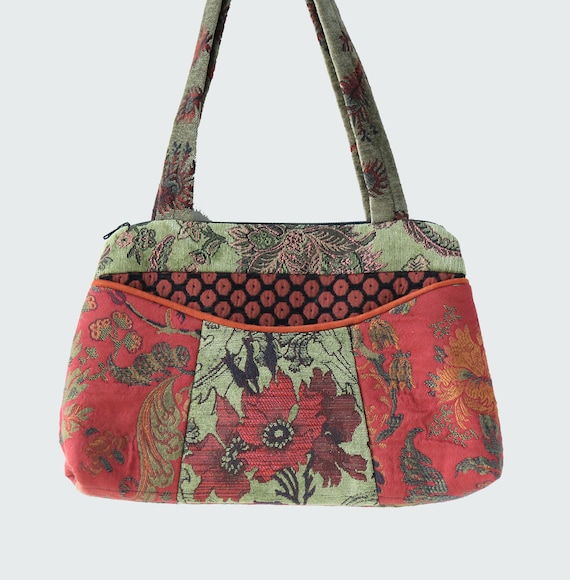 Medium Nancie Purse in Sage and Orange Jacquard Upholstery Fabric- One of a Kind!