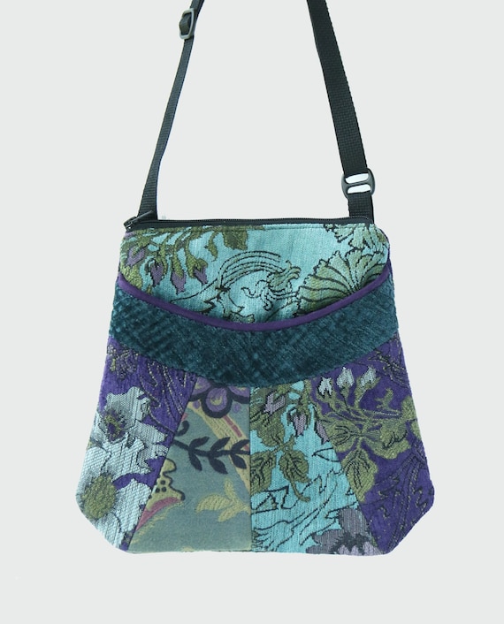 Seamist Medium Tapestry Adjustable Alyssa Purse in Aquamarine and Purple Floral Upholstery Fabric