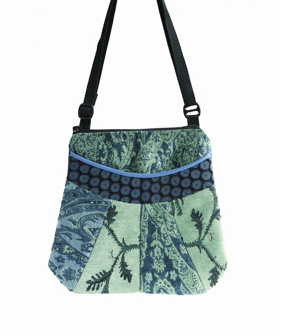 Limoges Medium Tapestry Adjustable Alyssa Purse in Green and Blue Floral Upholstery Fabric