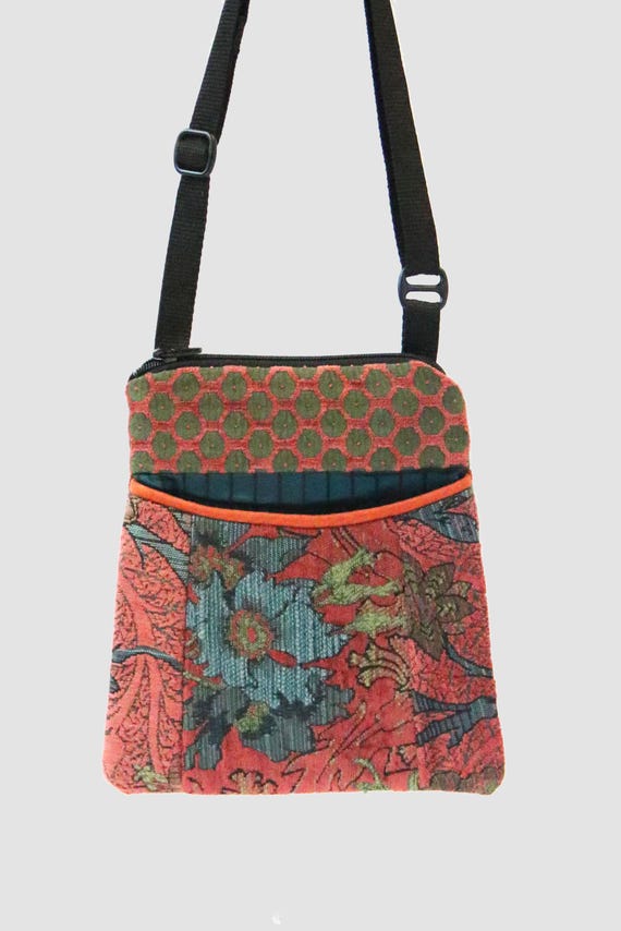 Adjustable Purse in Salmon and Teal Floral Jacquard Upholstery Fabric- One of a Kind!
