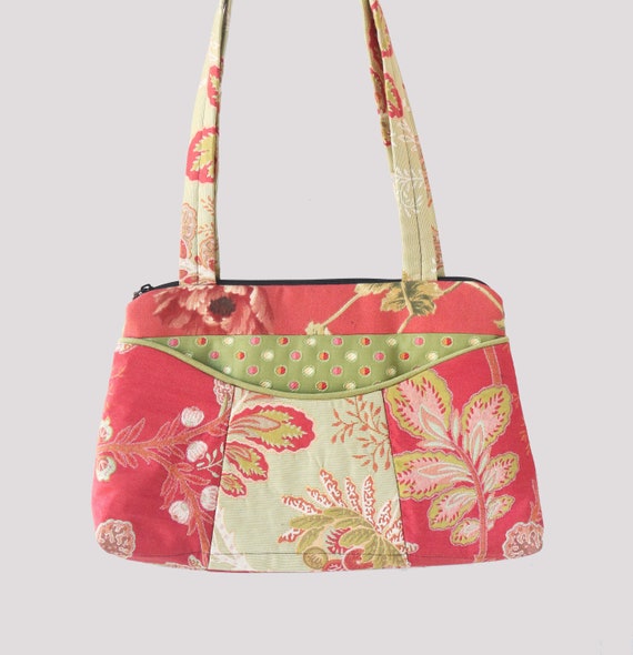 Tropical Medium Nancie Purse in Coral and Mint Floral Jacquard Upholstery Fabric