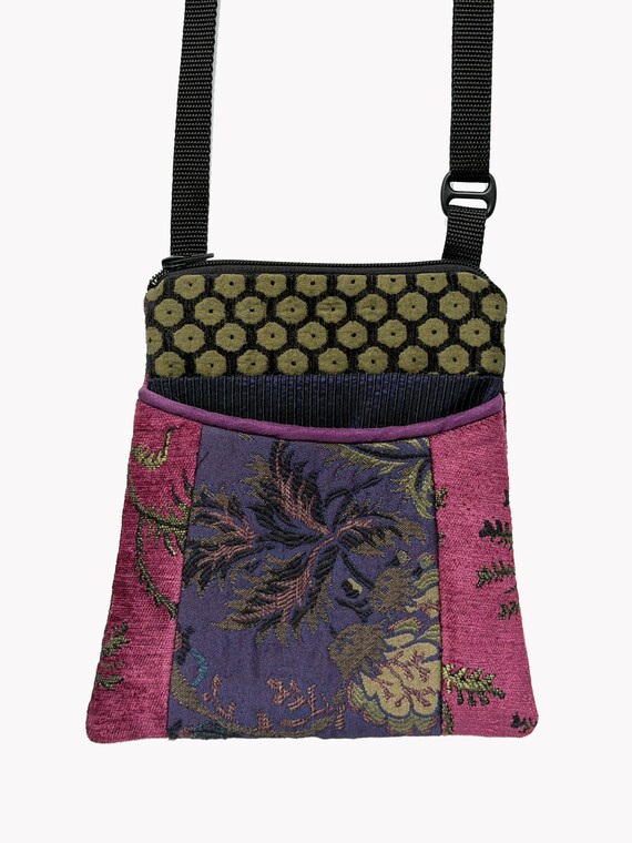 Adjustable Purse in Raspberry and Grape Floral Jacquard Upholstery Fabric- One of a Kind!