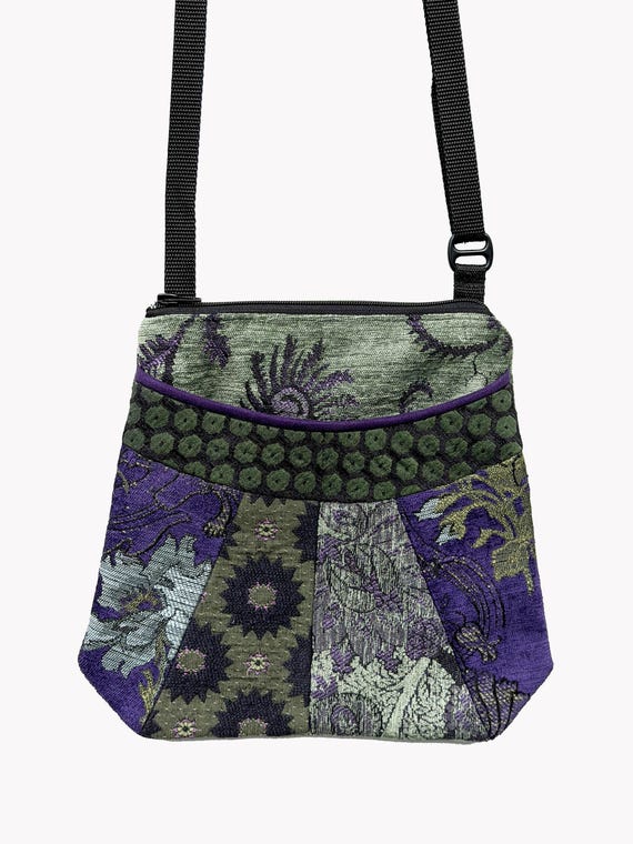 Medium Tapestry Adjustable Alyssa Purse in Mint and Hyacinth Floral and Stars Upholstery Fabric- One of a Kind!