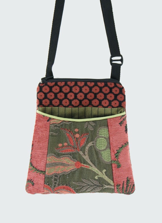 Forest Tapestry Adjustable Purse in Salmon and Sage Jacquard Upholstery Fabric