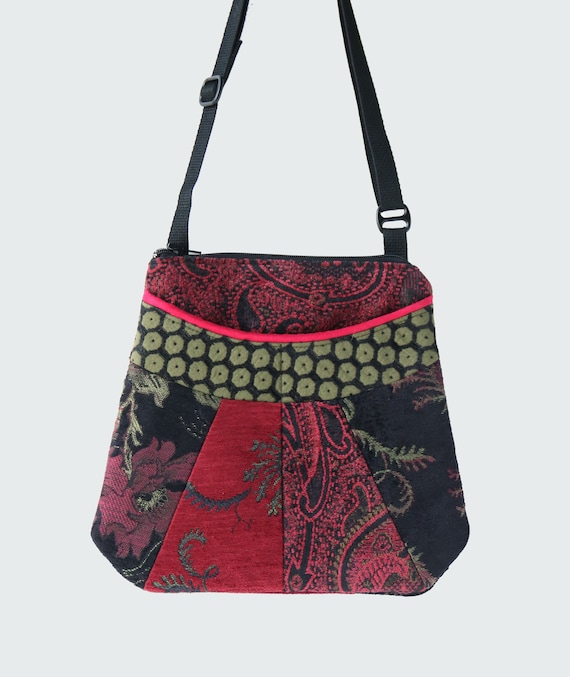 Medium Tapestry Adjustable Alyssa Purse in Red and Black Floral Upholstery Fabric- One of a Kind!