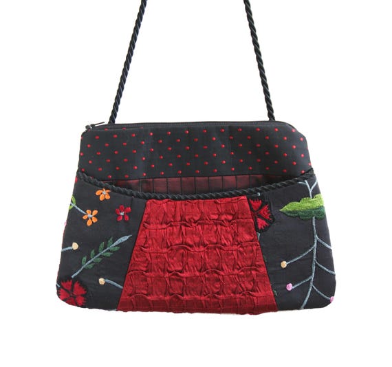 Juniper Silk and Rayon Purse in Black Garden and Red