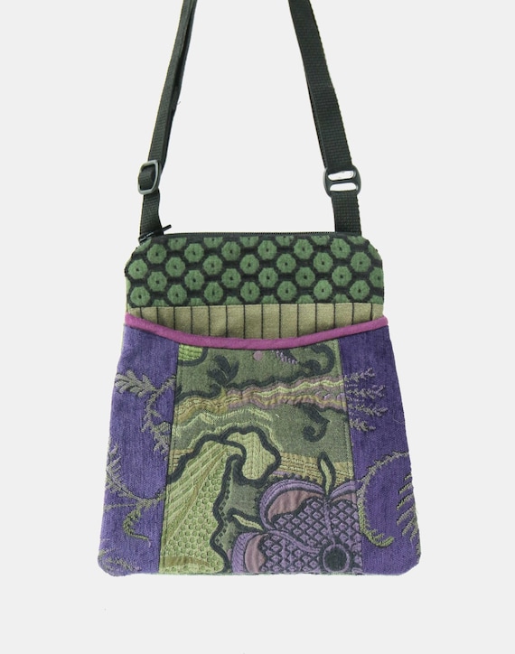 Adjustable Purse in Sage and Purple Floral Jacquard Upholstery Fabric- One of a Kind!