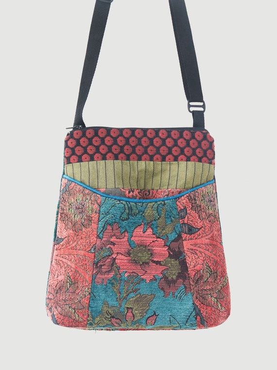 Zinnia Tapestry Adjustable Bag in Rust and Teal Floral Upholstery Fabric