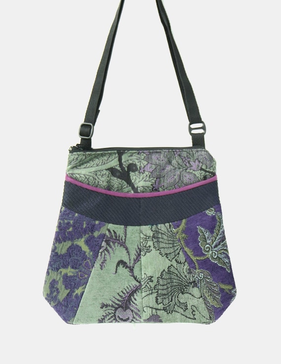Highlands Medium Tapestry Adjustable Alyssa Purse in Hyacinth and Green Floral Upholstery Fabric