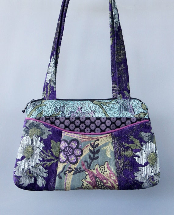 Aquamarine Medium Nancie Purse in Teal and Purple Floral Jacquard Upholstery Fabric