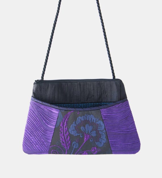 Juniper Silk and Rayon Purse in Black and Navy Floral with Purple