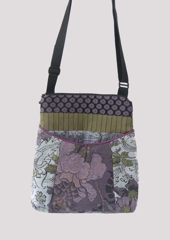 Silver Tapestry Adjustable Bag in Gray and Purple Floral Jacquard Upholstery Fabric Large