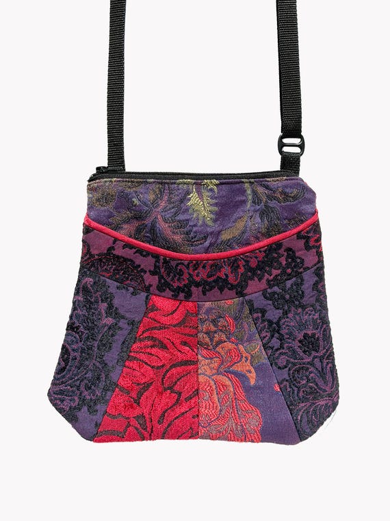 Medium Tapestry Adjustable Alyssa Purse in Plum and Poppy Floral Upholstery Fabric- One of a Kind!