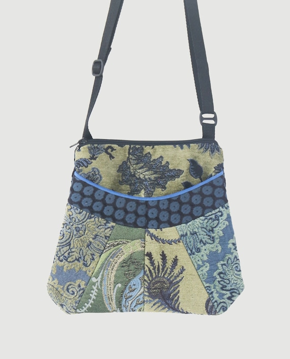 Cornflower Medium Tapestry Adjustable Alyssa Purse in Sage, Blue and Yellow Floral Upholstery Fabric