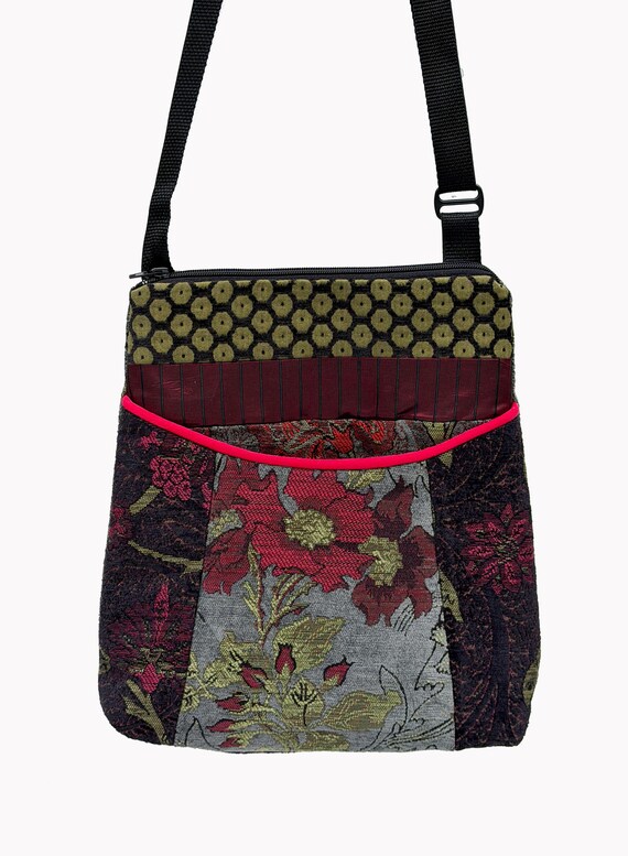 Tapestry Adjustable Bag in Red and Slate Floral Jacquard Upholstery Fabric- One of a Kind