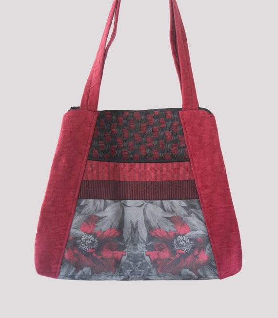 Peony Lightweight Tapestry Tote Bag in Red and Gray Floral Upholstery Fabric Large