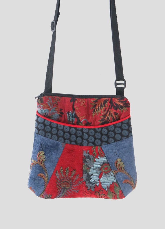 Royal Medium Tapestry Adjustable Alyssa Purse in  Blue and Red Floral Upholstery Fabric