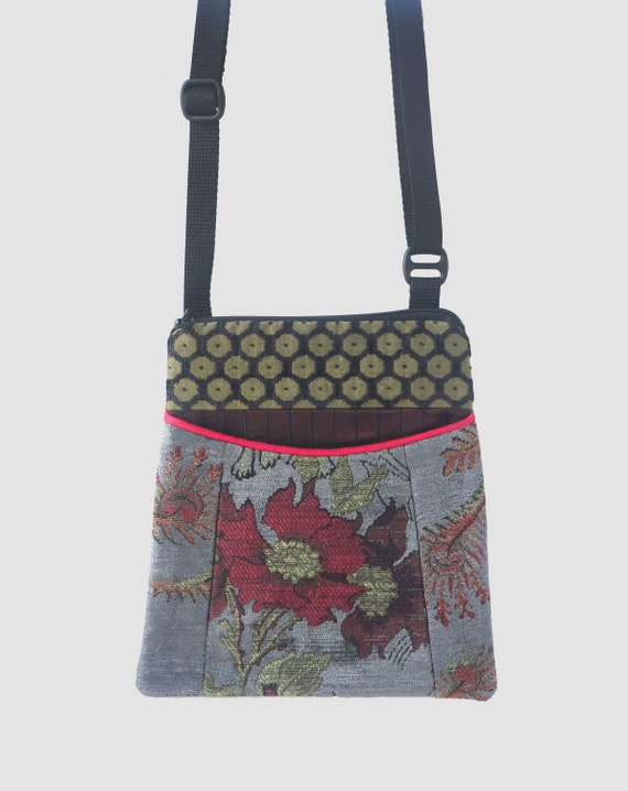 Slate Adjustable Purse in Red and Gray Floral Jacquard Upholstery Fabric