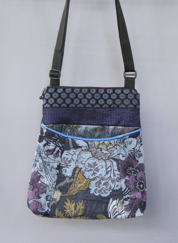 Mineral Adjustable Bag in Blue and Lavender Floral Jacquard Upholstery Fabric