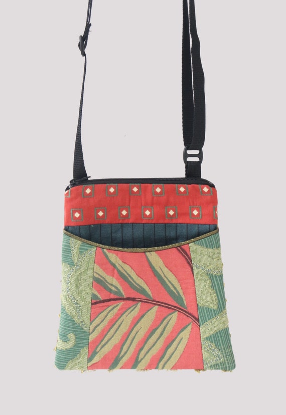 Frond Tapestry Adjustable Purse in Coral and Green Floral Jacquard Upholstery Fabric