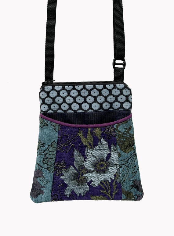 Adjustable Purse in Purple and Teal Floral Jacquard Upholstery Fabric- One of a Kind!