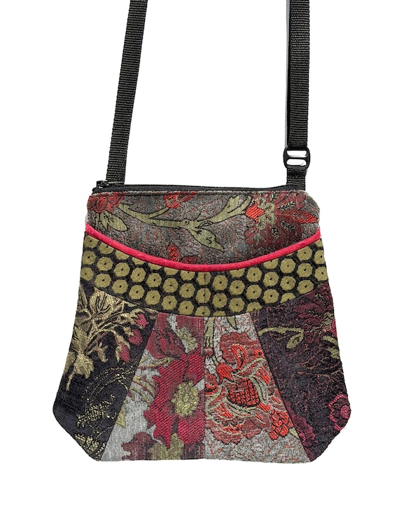 Medium Tapestry Adjustable Alyssa Purse in Red and Slate Floral Upholstery Fabric- One of a Kind!