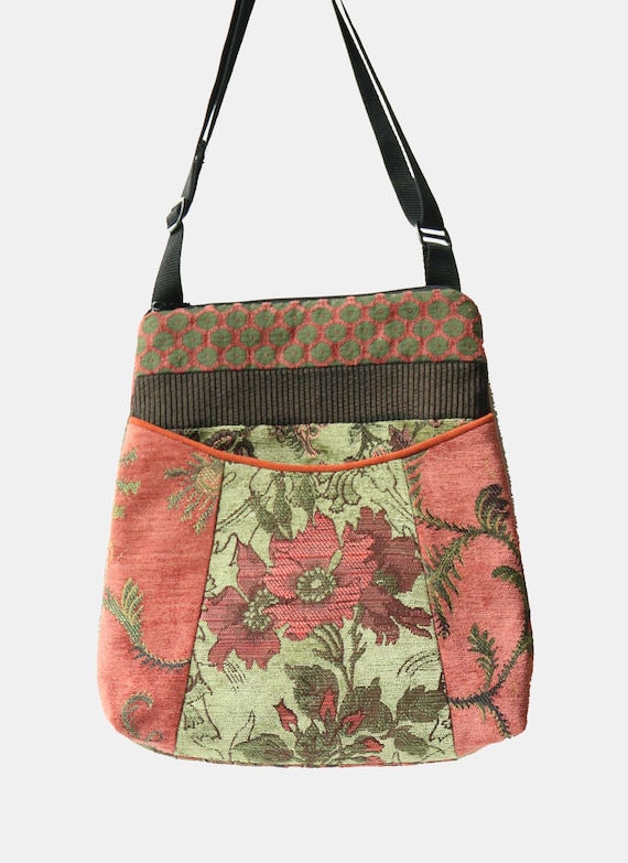 Tapestry Adjustable Bag in Melon and Sage Floral Jacquard Upholstery Fabric- One of a Kind