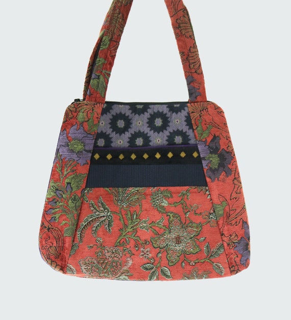 Tapestry Tote Bag in Rust and Lavender Floral Upholstery Fabric Large- One of a Kind!