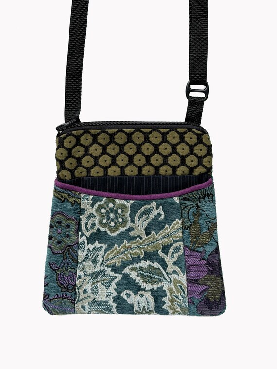 Adjustable Purse in Teal and Olive Floral Jacquard Upholstery Fabric- One of a Kind!
