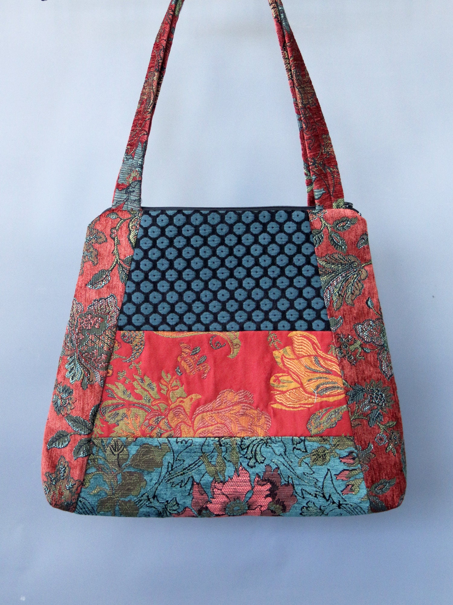 Zinnia Tapestry Tote Bag in Salmon and Teal Floral Upholstery Fabric Large