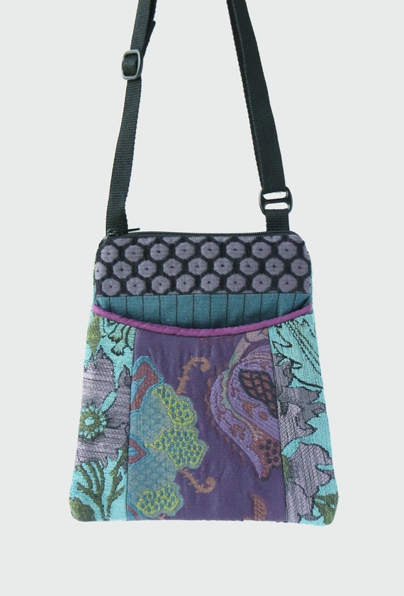 Plum Tapestry Adjustable Purse in Purple and Aqua Floral Jacquard Upholstery Fabric