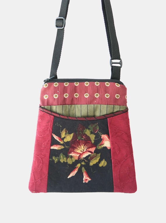 Nosegay Tapestry Adjustable Purse in Red and Black Floral Jacquard Fabric