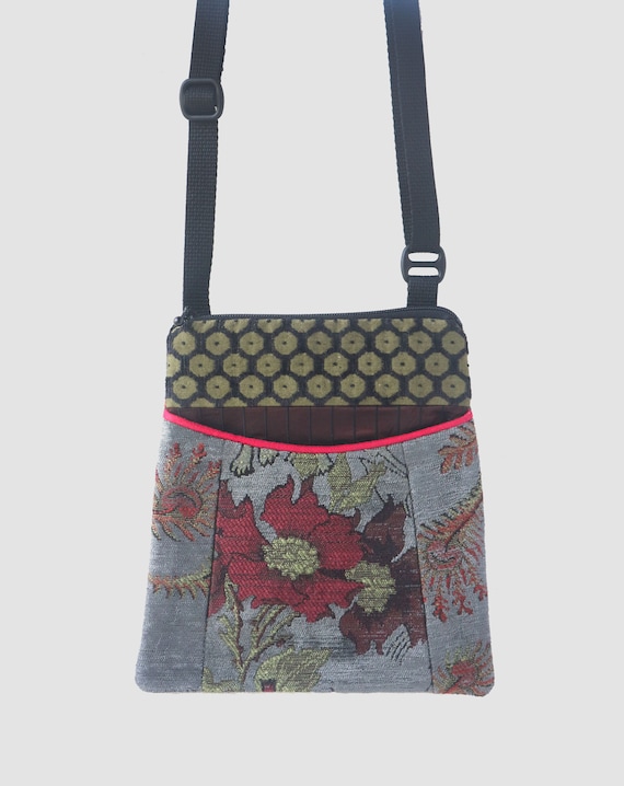 Slate Adjustable Purse in Red and Gray Floral Jacquard Upholstery Fabric