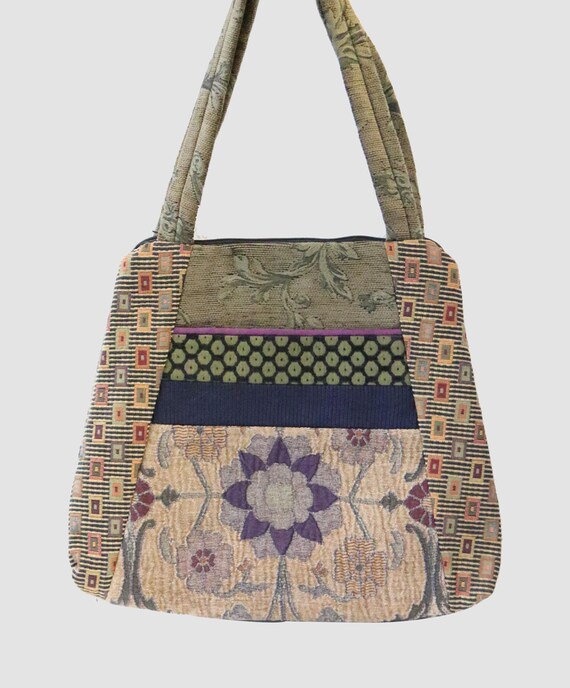 Carnival Tapestry Tote Bag in Beige and Purple Floral and Geometric Upholstery Fabric Large