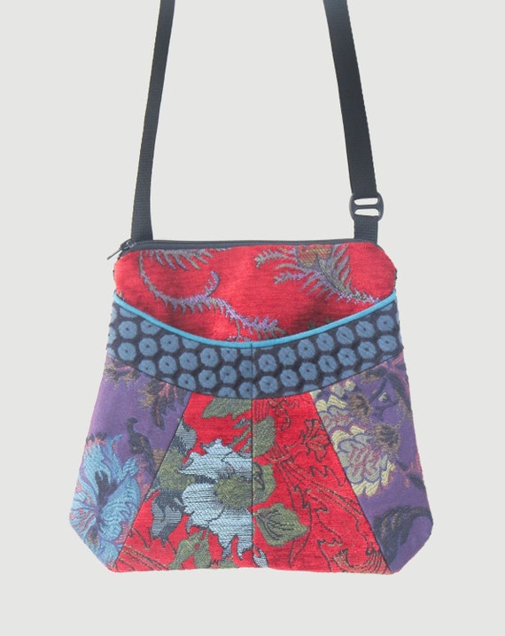 Poppy Medium Tapestry Adjustable Alyssa Purse in Blue and Purple Floral Upholstery Fabric