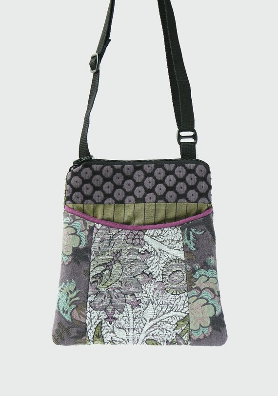 Silver Tapestry Adjustable Purse with Lavender and Green Floral Jacquard Upholstery Fabric