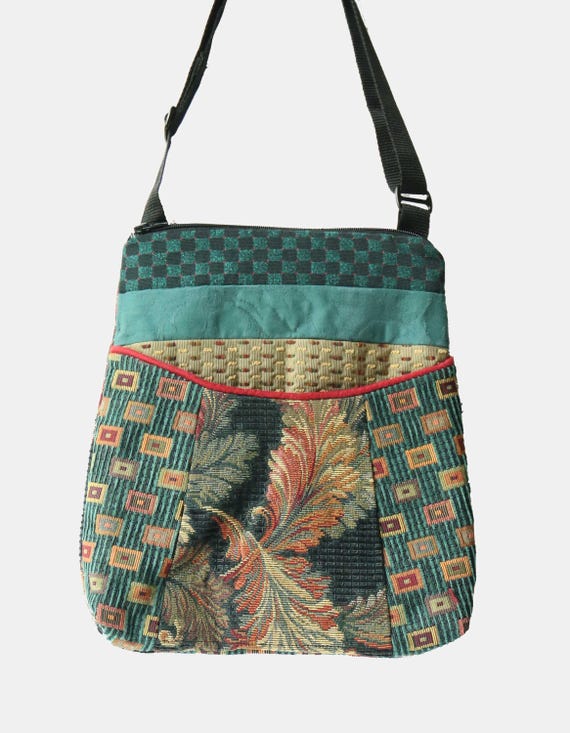 Teal Carnival Tapestry Adjustable Bag in Teal and Black Floral Upholstery Fabric