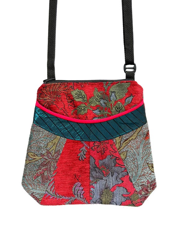 Medium Tapestry Adjustable Alyssa Purse in Red Wine and Teal Floral Upholstery Fabric- One of a Kind!